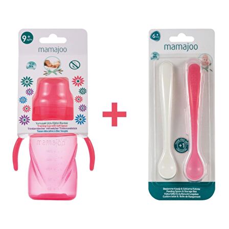 Mamajoo Kulplu Eğitici Bardak 270 ml & İkili Beslenme Kaşığı / Pembe