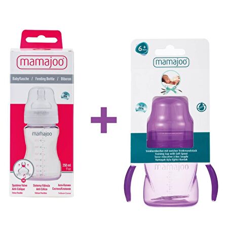 Mamajoo Kulplu Eğitici Bardak 160ml & Silver Biberon 250ml/Mor