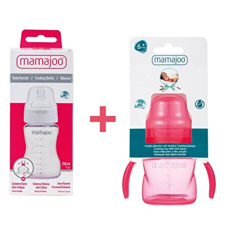 Mamajoo Kulplu Eğitici Bardak 160ml & Silver Biberon 250ml/Pembe