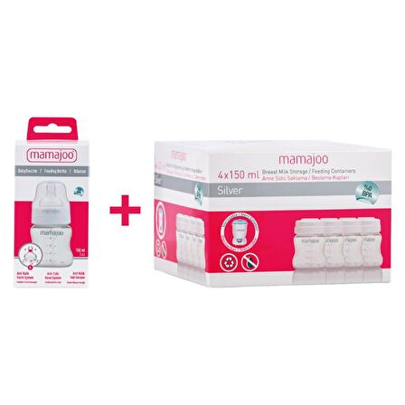 Mamajoo Silver Anne Sütü Saklama Kapları 4x150 ml & Silver Biberon 150ml