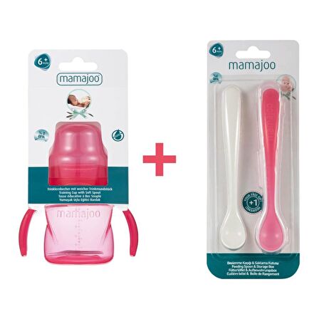 Mamajoo Kulplu Eğitici Bardak 160 ml & İkili Beslenme Kaşığı/Pembe