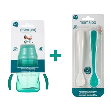 Mamajoo Kulplu Eğitici Bardak 160 ml & İkili Beslenme Kaşığı/Yeşil