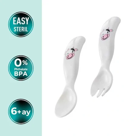 Mamajoo Ergonomik Beslenme Kaşık Çatal Seti Pembe & İnek, 6 Ay+ İkili