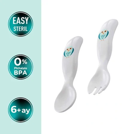 Mamajoo Ergonomik Beslenme Kaşık Çatal Seti Beyaz & Baykuş, 6 Ay+ İkili