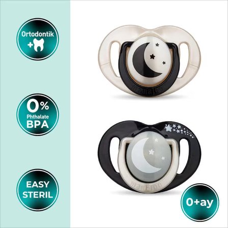 Mamajoo Ortodontik Emzik Seti 0 Ay+ Black & Pearl | İkili, Silikon, Damaklı | Sterilizasyon & Saklama Kabı Hediyeli