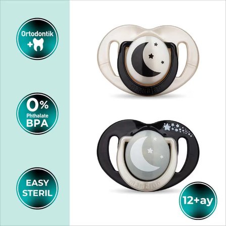 Mamajoo Ortodontik Emzik Seti 12 Ay+ Black & Pearl | İkili, Silikon, Damaklı | Sterilizasyon & Saklama Kabı Hediyeli