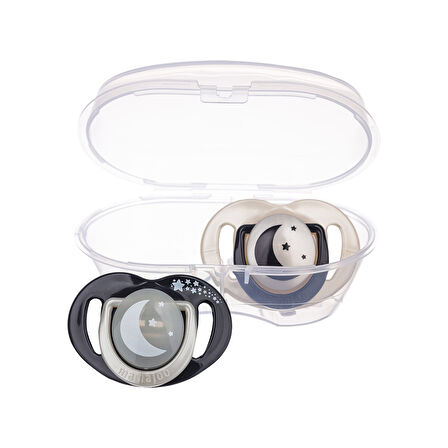 Mamajoo Sterilizasyon & Saklama Kutulu Black & Pearl Desenli İkili Ortodontik Emzik Gece & Gündüz / 12 Ay+