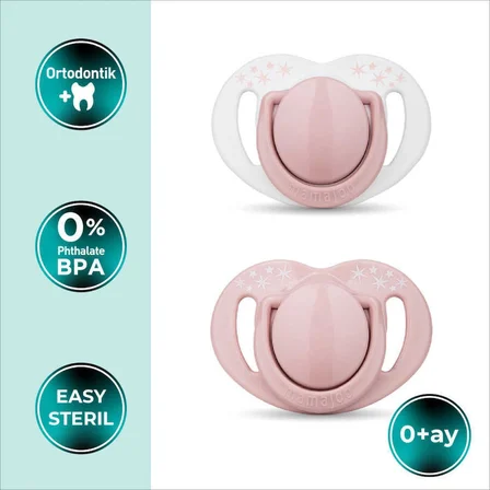 Mamajoo Ortodontik Emzik Seti 0 Ay+ Powder Pink | İkili, Silikon, Damaklı | Sterilizasyon & Saklama Kabı Hediyeli