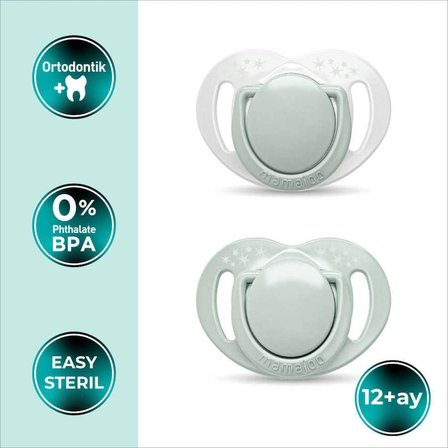 Mamajoo Ortodontik Emzik Seti 12 Ay+ Powder Green | İkili, Silikon, Damaklı | Sterilizasyon & Saklama Kabı Hediyeli