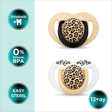 Mamajoo Ortodontik Emzik Seti 12 Ay+ Beige Leopard | İkili, Silikon, Damaklı | Sterilizasyon & Saklama Kabı Hediyeli