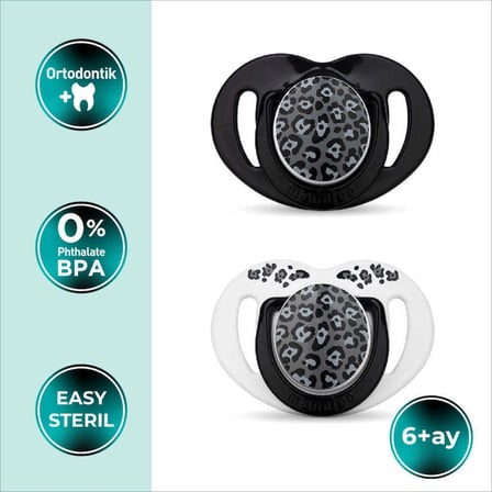 Mamajoo Ortodontik Emzik Seti 6 Ay+ Anthracite Leopard | İkili, Silikon, Damaklı | Sterilizasyon & Saklama Kabı Hediyeli