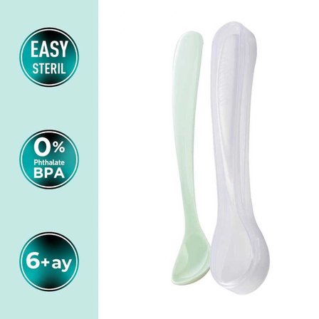 Mamajoo Ergonomik Beslenme Kaşık Seti Powder Green & Beyaz, 6 Ay+ İkili - Saklama Kabı Hediyeli