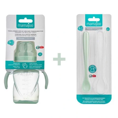 Mamajoo Antikolik Akıtmaz Alıştırma Bardağı 270 ml & İkili Ergonmik Beslenme Kaşığı - Powder Green