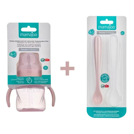 Mamajoo Antikolik Akıtmaz Alıştırma Bardağı 160 ml & İkili Ergonmik Beslenme Kaşığı - Powder Pink