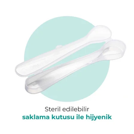Mamajoo Ergonomik Beslenme Kaşık Seti Mavi & Beyaz, 6 Ay+ İkili - Saklama Kabı Hediyeli