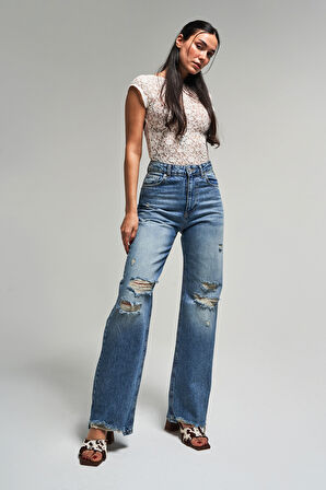 Kadın Kot Rengi 12s5-84 Straight Fit Yüksek Bel Yırtık Detaylı %100 Koton İç Boy 80cm Denim Jean