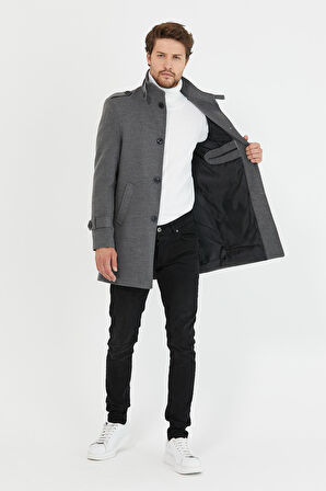 Mero Life Erkek Gri Dar Kesim Dik Yaka Uzun Yün Karışımlı Kaşe Kaban