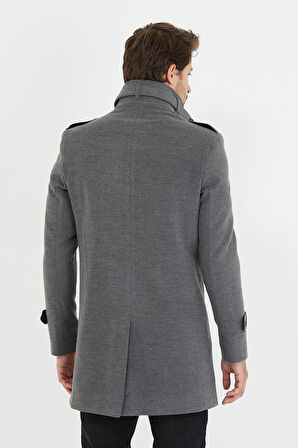 Mero Life Erkek Gri Dar Kesim Dik Yaka Uzun Yün Karışımlı Kaşe Kaban