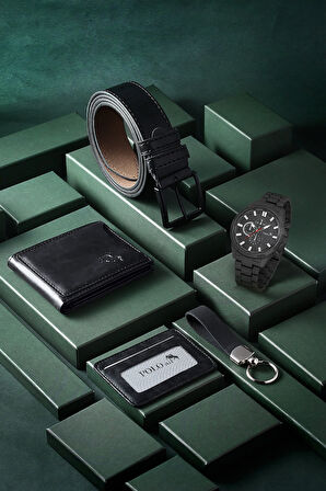 Erkek Set Kombin Kol Saati Ve Cüzdan Kemer Kartlık Çakmak Anahtarlık Siyah Pl-0792e1