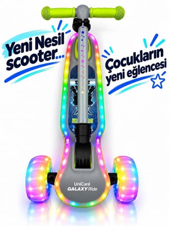 Galaxy Ride Yeni Nesil 3-9 Yaş Işıklı Çocuk Scooterı 20 LED Işık Modlu, Silikon Tekerli, 3 Kademeli, Katlanabilir