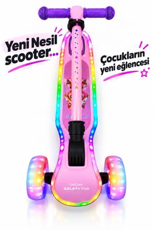 Galaxy Ride Yeni Nesil 3-9 Yaş Işıklı Çocuk Scooterı 20 LED Işık Modlu, Silikon Tekerli, 3 Kademeli, Katlanabilir