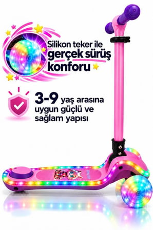 Galaxy Ride Yeni Nesil 3-9 Yaş Işıklı Çocuk Scooterı 20 LED Işık Modlu, Silikon Tekerli, 3 Kademeli, Katlanabilir