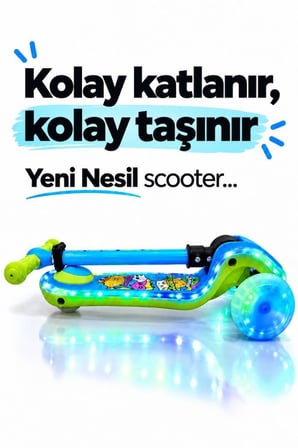 Galaxy Ride Yeni Nesil 3-9 Yaş Işıklı Çocuk Scooterı 20 LED Işık Modlu, Silikon Tekerli, 3 Kademeli, Katlanabilir