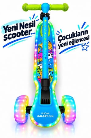 Galaxy Ride Yeni Nesil 3-9 Yaş Işıklı Çocuk Scooterı 20 LED Işık Modlu, Silikon Tekerli, 3 Kademeli, Katlanabilir