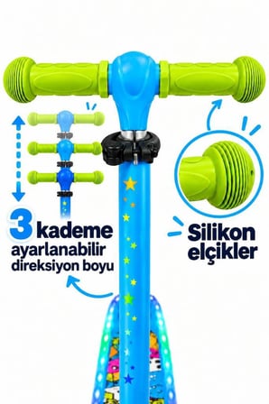 Galaxy Ride Yeni Nesil 3-9 Yaş Işıklı Çocuk Scooterı 20 LED Işık Modlu, Silikon Tekerli, 3 Kademeli, Katlanabilir