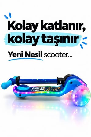 Galaxy Ride Yeni Nesil 3-9 Yaş Işıklı Çocuk Scooterı 20 LED Işık Modlu, Silikon Tekerli, 3 Kademeli, Katlanabilir