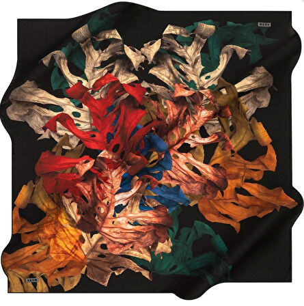 Aker Sura Saf İpek Eşarp 8142701 - 311 Siyah Yaprak Desen