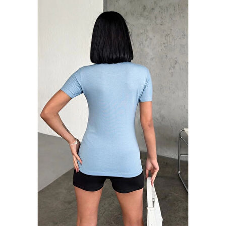 Rahat Ve Şık Kısa Kollu Bisiklet Yaka Likralı Viskon Penye Body Bebe Mavisi