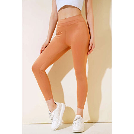 Esnek Yüksek Bel Taba Uzun Parlak Disco Tayt