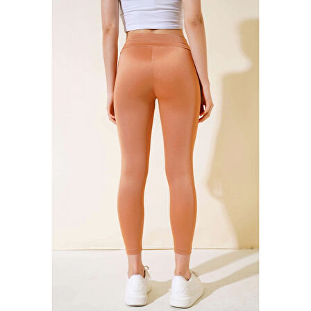 Esnek Yüksek Bel Taba Uzun Parlak Disco Tayt