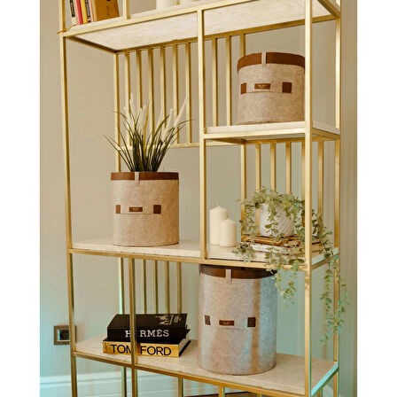 Deri Şeritli Yuvarlak Çok Amaçlı Düzenleyici Organizer Kutu Keçe Sepet (3'lü Set)