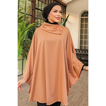 Düğme Detaylı Şık Tasarımlı Bej Şal Yaka Panço