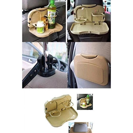 Araç İçi Koltuk Arkası Katlanabilir Bardak Tutuculu Bej Tepsi