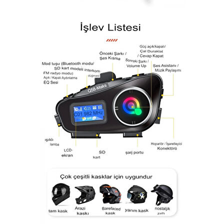 Q58-max Radyolu 2 Kişi Bağlantılı Bluetooth Kask Kulaklık Ekranlı Fenerli Müzik Ve Telsiz Intercom