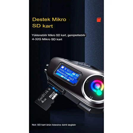 Q58-max Radyolu 2 Kişi Bağlantılı Bluetooth Kask Kulaklık Ekranlı Fenerli Müzik Ve Telsiz Intercom