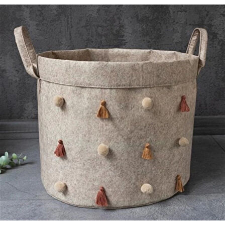 Katlanabilir Çok Amaçlı Ponponlu Yuvarlak Düzenleyici Saklama Kutusu Organizer Keçe Set