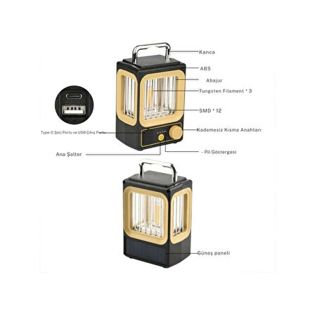 Ampul Solar Şarj Edilebilir 12 Led 1 Rustikli Led Kamp Lambası