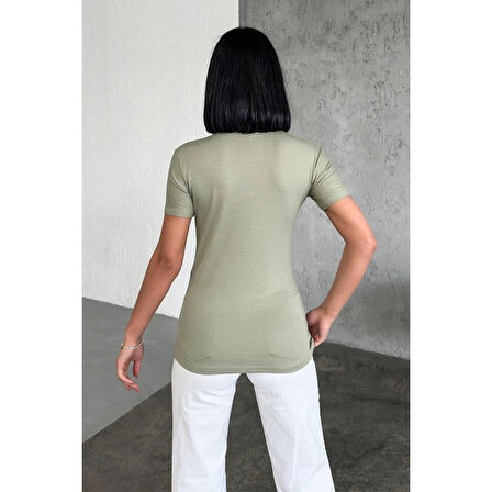 Rahat Ve Şık Kısa Kollu Bisiklet Yaka Likralı Viskon Penye Body Haki