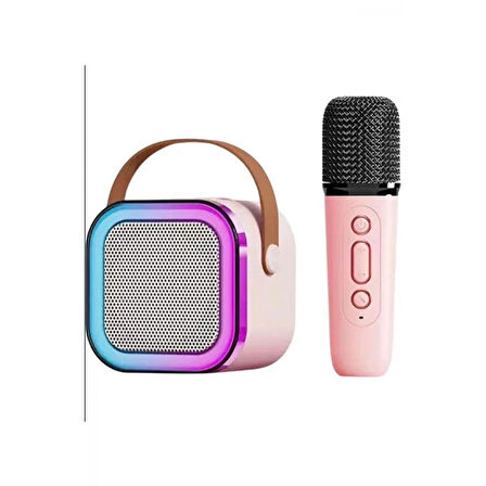 Karaoke Kablosuz Hoparlör Mikrofonlu Rgb Işıklı Bluetooth Speaker Tf Kart/usb Pembe