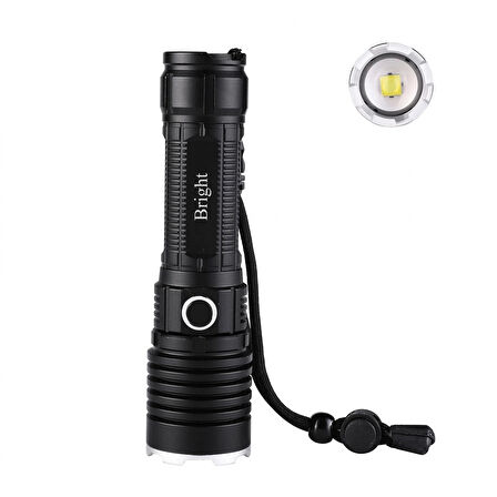 Bright Ght-5761 Xp90 Led 3 Mod Zoomlu Yağmur Suyu Geçirmez Şarjlı El Feneri 26650 Pilli