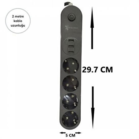 4lü Siyah Anahtarlı 3 Usb Li Akım Korumalı Topraklı Çocuk Korumalı Grup Priz 2 Metre