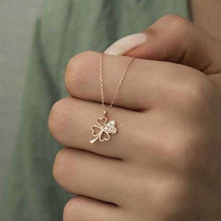 925 Ayar Gümüş Rose Kalpli Dört Yapraklı Yonca Kadın Gümüş Kolye T7077 (599599)