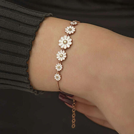 925 Ayar Gümüş Rose Sıralı Papatya Bileklik T4479 (599599)