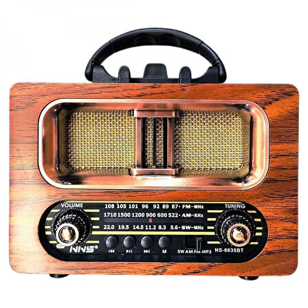 Büyük Boy Retro, Nostaljik, Ahşap Tasarım Bluetooth Hoparlörlü, Şarjlı, Taşınabilir FM/AM Destekli Radyo NS-6635