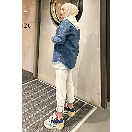 Koyu Mavi Kar Yıkama Püskül Detay Kot Ceket Oversize