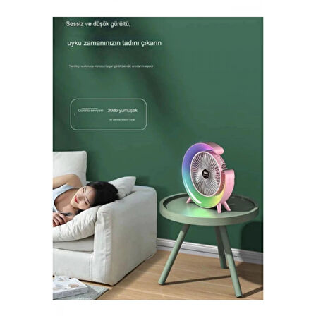 Masaüstü Vantilatör Usb Şarjlı Rgb Led Işıklı 3 Kademeli 180° Ayarlanabilir Soğutucu Fan Pembe